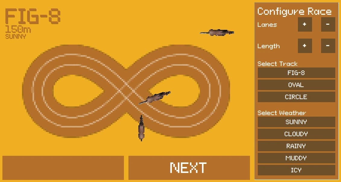 Programmed race horses running on a track