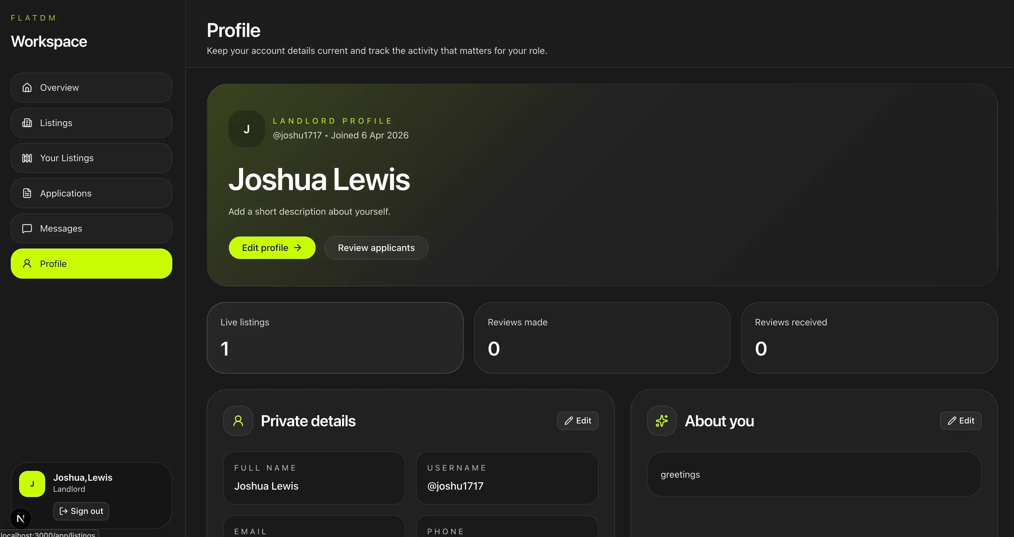 User profile page