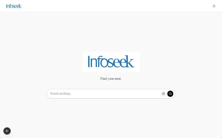 Infoseek landing page with a central AI-powered search interface